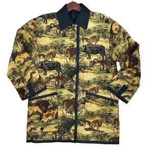 Vtg Fox Run‎ Reversible Quilted Jacket Safari Animal Black Size XS 100% Silk